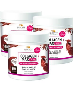 Biocyte Collagen Max Cacau 3x260gr suplemento alimentar à base de Colagénio hidrolisado marinho para combater as rugas e a flacidez da pele,