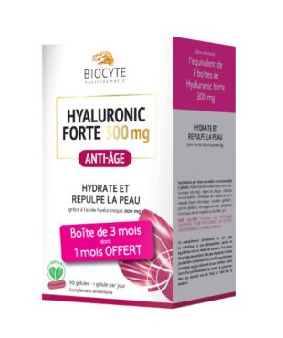 Biocyte Hyaluronic Forte 300 mg 90 cápsulas, suplemento alimentar à base de ácido hialurónico com ingredientes de origem vegetal.